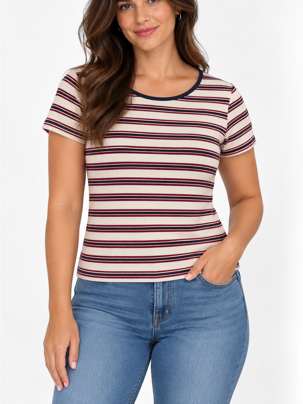 Maison D’Amelie Cream Tee with Navy and Burgundy Stripes